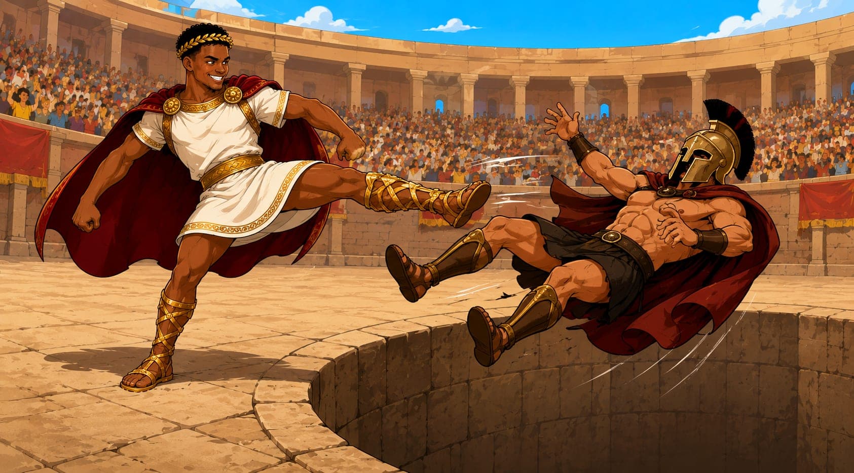 Ansemius kicking a gladiator into the Colosseum pit