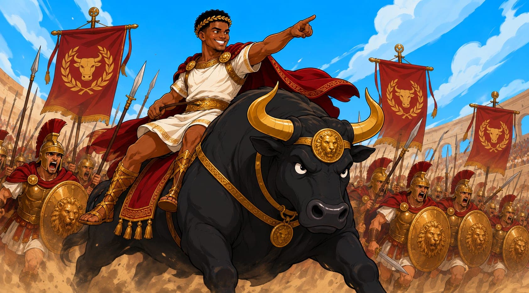 Ansemius riding the black bull at the head of a Roman legion